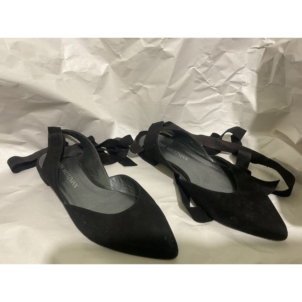 Stuart Weitzman Black Supersonic Wrap Around Tie Flat Suede Point Toe 7  1/2